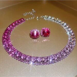 Stunning Gradient Pink Sparkly Rhinestone Choker Necklace & Earrings Set